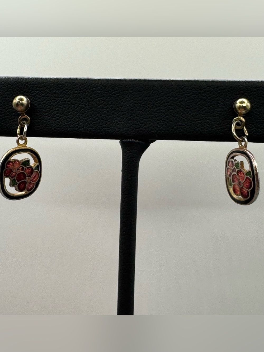 Vintage Cloisonné Enamel Floral Dangle Earrings